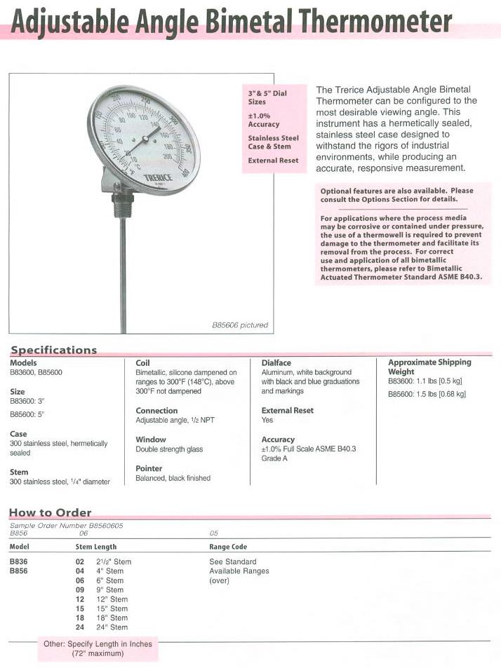 B85600 Bi-Metal Thermometer Product Specifications