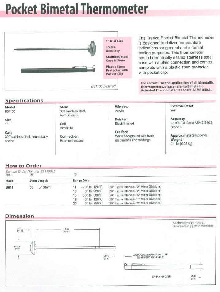 B81100 Bi-Metal Thermometer Product Specifications