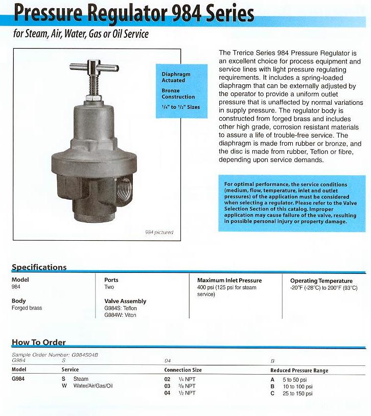 Trerice: Pressure Regulator Product Specifications